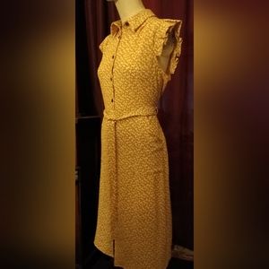 Pretty, Cap Sleeved, Belted, Button Up Dress. Floral Mustard Yellow